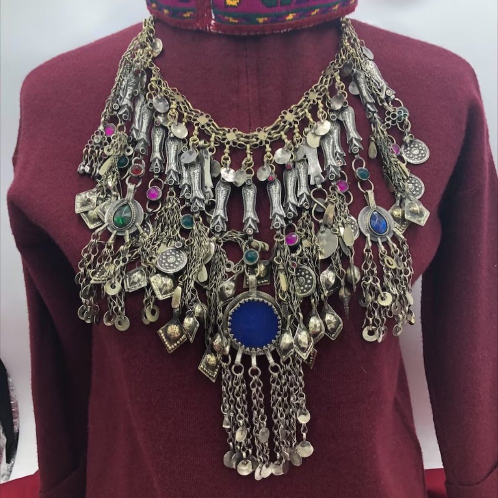 Vintage Afghan Kuchi Choker: Silver Fish, Ethnic Tassels